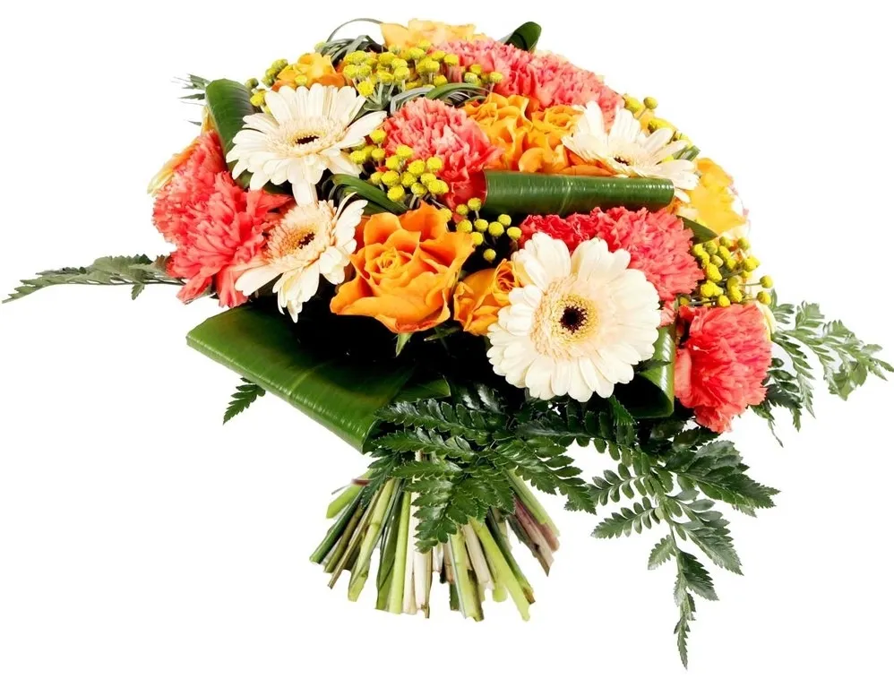 Bouquet de fleurs de deuil avec roses orange, gerberas blancs et œillets